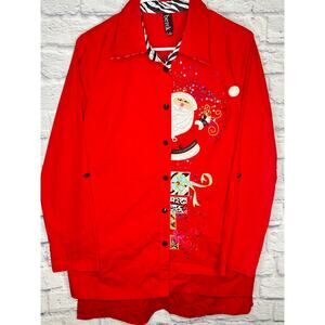 Berek Red Christmas Blouse Peeking Santa Zebra Trim Beads Sequins Top Women's M